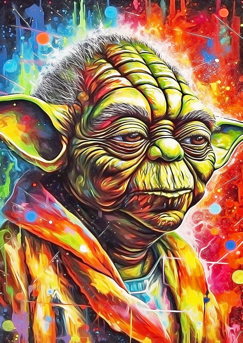 Vibrant artwork of a Yoda style portrait with a colourful abstract background.